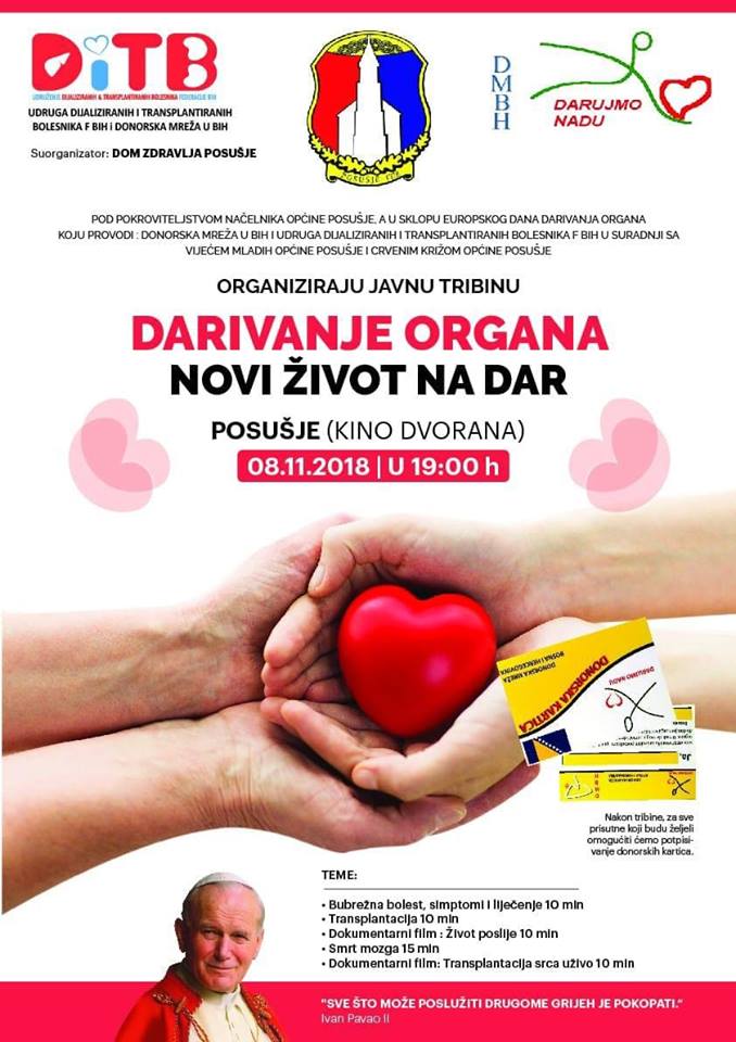 Najava  javne tribine “Darivanje organa – Novi život na dar”